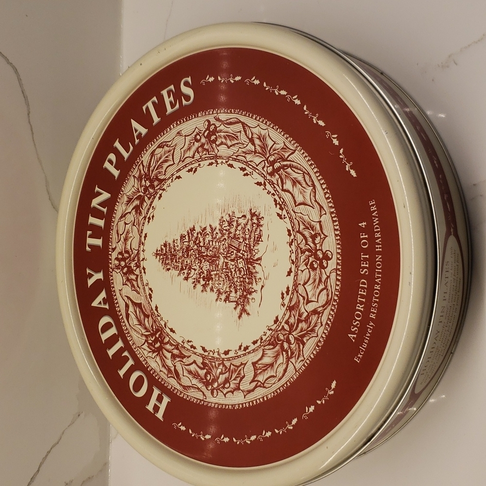 Set of 4 Restoration Hardware Holiday Tin Plates Christmas Red White Winter
